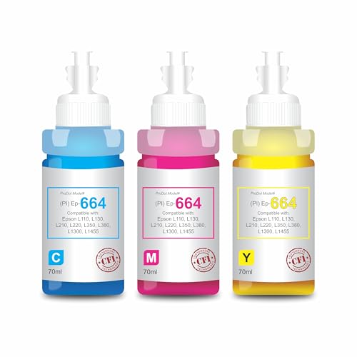 Image of ProDot Ep 664 Inkjet Ink Refill Compatible with Epson L100, L130, L210, L220, L300, L310, L350, L355, L360, L380, L485, L565, L655, L1300, L1455 Ink Tank Printers (70 ml, C /M /Y)