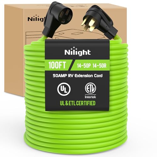 Image of Nilight 100FT 50 Amp RV Extension Cord 250V Heavy Duty 6 /3+8 /1 Gauge Pure Copper STW Wire UL ETL Listed 4 Prong 14-50P 14-50R Weatherproof Suit for EV Trailer Campers Bright Green