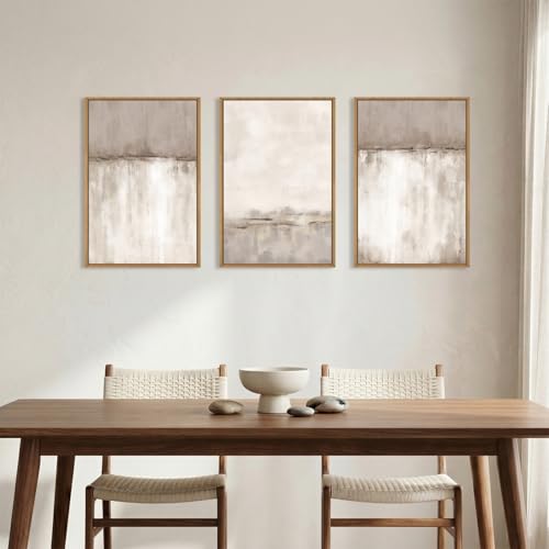 Image of KAIRNE Large Neutral Gray Framed Canvas Wall Art Set, Abstract Duotone Gray Tan Wall Decor, Neutral Watercolor Shape Wall Pinting, Modern Landscape Art Print for Living Room,Bedroom,Office-16 x24 x3