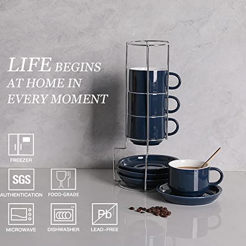 Sweejar Porcelain Cappuccino Cups with Saucers and Metal Stand, 8 Ounce Stackable Espresso Cups for Specialty Coffee Drinks, Latte, Americano, Tea - Set of 4 (Navy)