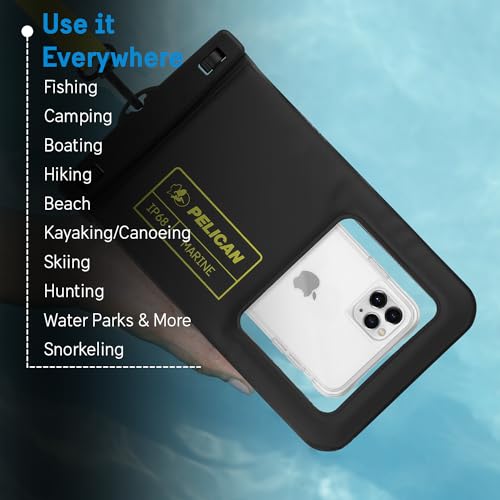 Pelican 2 Pack Marine - IP68 Waterproof Phone Pouch (XL Size) Floating Waterproof Phone Case - Beach Cruise Ship Travel Essentials - Works with All Phones - Detachable Lanyard - Black/Hi-Vis Yellow