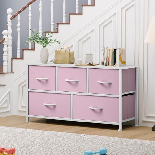 DWVO Wide Storage Tower with 5 Drawers - Fabric Dresser, Organizer Unit for Bedroom, Living Room, Closets