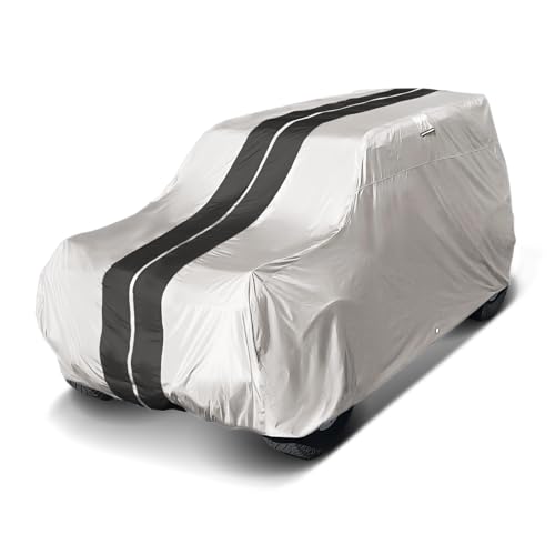 Image of iCarCover Premium Custom SUV Cover for 1989-98 Suzuki Sidekick 4-Door Heavy Duty Waterproof All Weather Rain Snow UV Sun Protector Full Exterior Indoor Protection Car Cover (Stripe - Light Gray /Black)