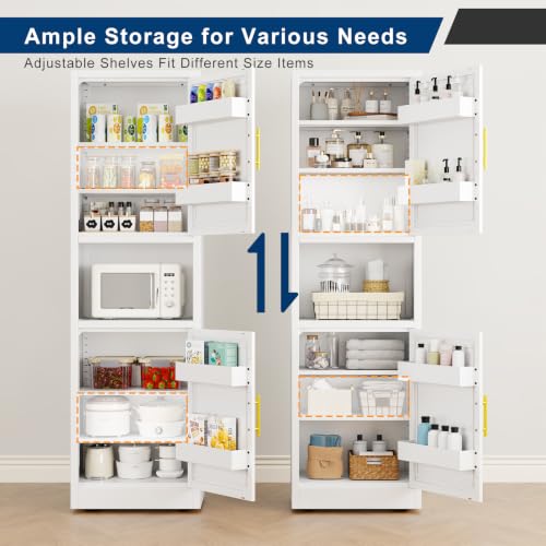 Image of Tall Narrow Pantry Cabinet for Kitchen, 67 inch H Metal Storage Cabinet with Inner Door Storage Racks, Doors & 3 Adjustable Shelves for Dining Room, Living Room, Home Office, 20 inches Wide, White