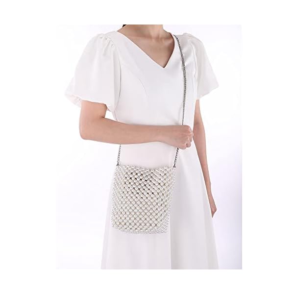 CHIC DIARY White Pearl Purse Crossbody Bag for Women Shoulder Handbag Beaded Clutch Evening Bag for 1920s Party Wedding, Off-white - Image 4