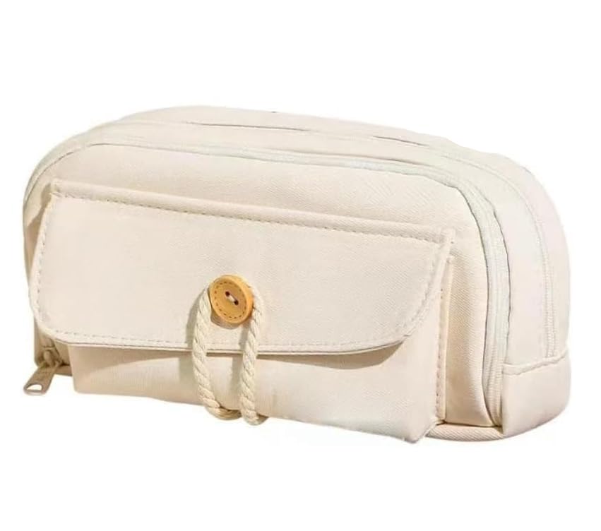Simple Style Cotton Rope Pencil Case Multi-Layer Pen Pouch Organizer with Zipper and Front Pocket Aesthetic Minimalist Fabric Pencil Holder Bag Large Capacity Beige