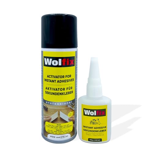 Wolfix Sekundenkleber Extra Stark 100g mit Aktivator Sprühkleber 400ml Spray - Alleskleber Set für Profi Reparaturen - Ideal für Materialien wie Kunststoff Metall Holz und Keramik