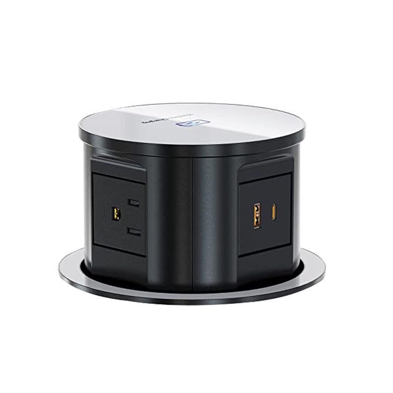 Image of Audiovan Vertical Pop Up socket Pneumatic Countertop 3 Power+ 1HDMI 1LAN RJ45 1USB A+C charge 18 watt 15 Wt Fast Wireless charge Kitchen Counter Conference Box VMP-28