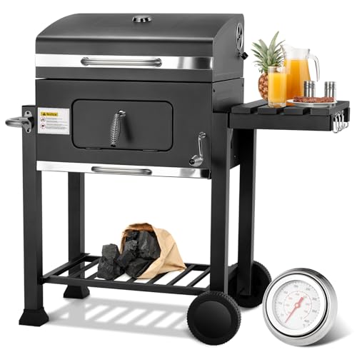 Schwarz Holzkohlegrill XL, Grillwagen Holzkohle, Groß Kohlegrill, Smoker Holzkohlegrill mit Deckel, 2PCS Räder, Grillrost, Thermometer und Edelstahl-Griff, Höhenverstellbar, BBQ Grill für Camping