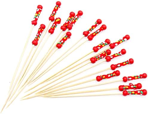 PuTwo Cocktail Picks Handmade Toothpicks 4.7” 100ct Red Beads with Rope