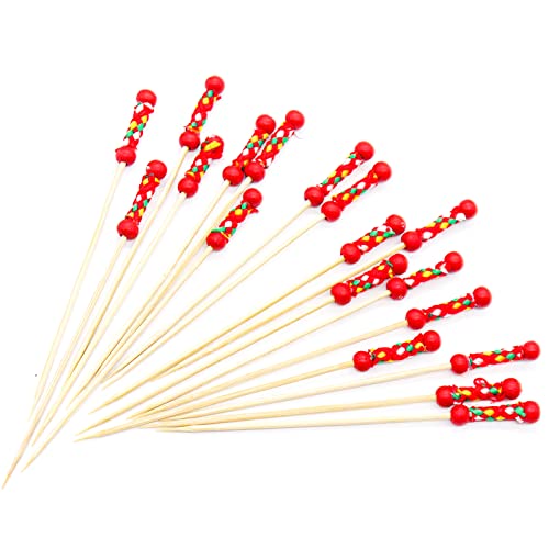 Putwo Cocktail Picks Handmade Toothpicks 4.7” 100Ct Red Beads With Rope #TOP23