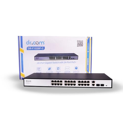 Image of dr.com 28 Port Gigabit PoE Switch with 24 PoE Ports 2 Uplink Ports and 2 SFP Slots 10 /100 /1000 Mbps 320W Power IEEE 802.3af /at Network Switch for CCTV IP Camera Rackmount Metal Body Black