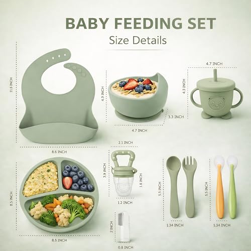 Image of 10 Pcs Silicone Baby Feeding Set for Toddlers 6+ Months | Baby Led Weaning Self Feeding Kit | Suction Plate & Bowl, Bib, Cup, Spoon & Fork, Fruit Feeder, Finger Brush | FDA | Ebook (Green,)