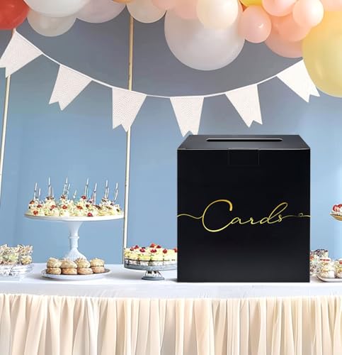 Image of HEIPINIUYE Large Card Box for Party 9.8 inch x 9.8 inch Black Gift Card Box Holder with Gold Foil Design for Wedding Birthday Baby Shower Retirement Graduation Party Raffle Box