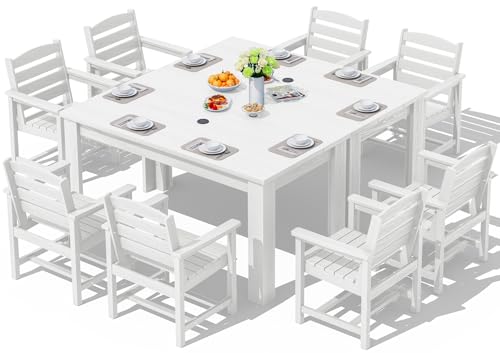 SERWALL Patio Dining Sets for 8, Outdoor Dining Sets for 8 Person with 2 Umbrella Hole Cut-Out Rectangular Tables and 8 Chairs, HDPE Dining Sets for Garden, Backyard, Poolside, White