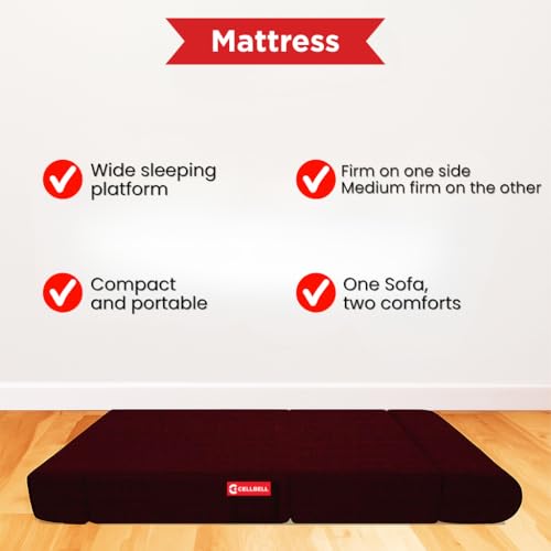 Image of CELLBELL Comfy Sofa Cum Bed 4x6 Feet | Foldable Dual Use Couch Bed with Soft Cushions, Washable Fabric Cover & Sturdy Frame | Space Saving Modern Design for Living Room, Bedroom & Guest Use (Maroon)