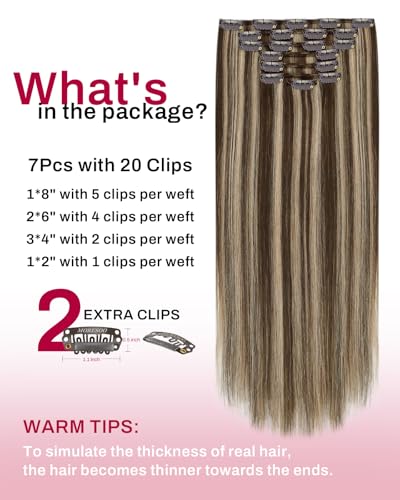 Image of Moresoo Clip in Hair Extensions Remy Double Weft Human Hair Clip in Extensions Straight Hair Extensions for Women Dark Brown Highlight with Caramel Blonde 7pcs 120g 24inch