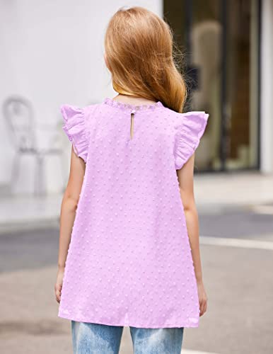 Flypigs Girls Short Sleeve Summer Tops Loose Fit Frill Neck Smocked Chiffon Swiss Dot Blouse Cute Flowy Dressy Shirt Tunic Tee Lilac 5-6 Years #TOP3