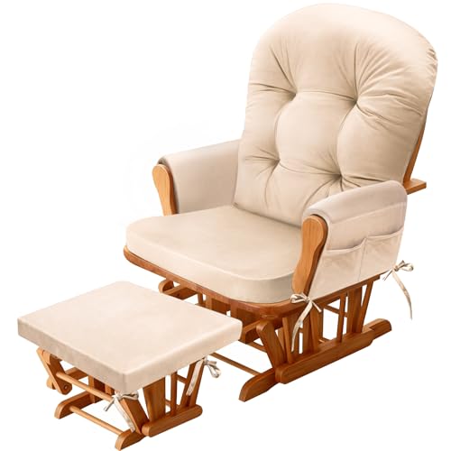 JZHLLA Glider Rocker Replacement Cushion Set with Storage Pockets Soft Flannel Fabric & High-Resilience Foam Non-Slip Back Rocking Chair Cushion for Living Room Rocking Chair(Beige)