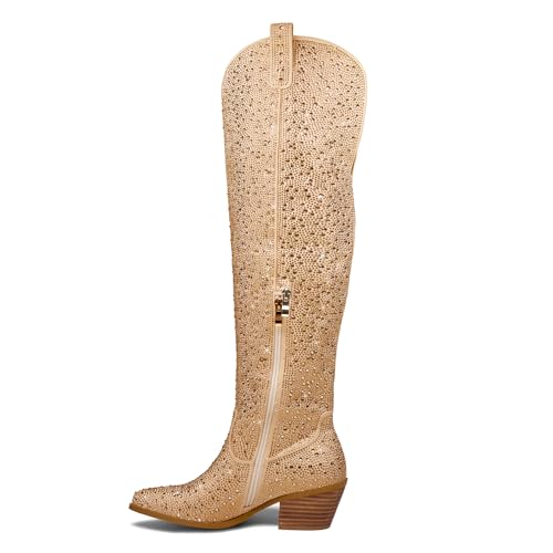 Women's Silver sparkle Rhinestone Over the Knee Cowboy Boots Sexy Glitter Pointed Toe Chunky Heel Zipper Wide Calf Tall Cowgirl Boots Fashion Retro Classic Party Shoes for Girls3
