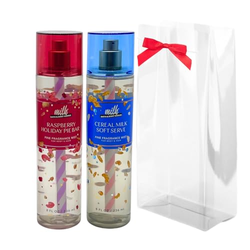 Bath & Body Works MILK Collections MILK BAR BIRTHDAY CAKE & CEREAL MILK SOFT SERVE Fine Fragrance Mist 2pc bundle with a Red Bow for Holidays & Gifts 8 fl oz each