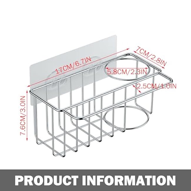 Sponge Holder with Dish Cloth Hanger, Sink Sponge Holder Stainless Steel Kitchen Sink Caddy with Hanging Pole Wall Mount Dish Brush with Adhesive