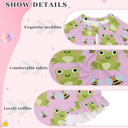 Frog Bee Pattern Girls Long Sleeve Swimsuit Rash Guard One Piece Bathing Suits Zipper 3-12T4