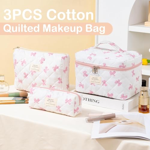 Makeup Bag for Women 3PCS Quilted Cotton Make Up Bag Travel Cosmetic Bag Large Makeup Bag Set Cute Bow Makeups Purse Organizer Floral Toiletry Pouch3
