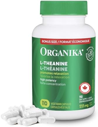 Organika Canadian-Made L-Theanine Bonus Size 225mg-Relaxation Promotion Without Drowsiness, Stress Support, Pure Natural Source, Fast Acting- 110caps