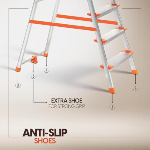 Image of PROHOME Aluminium Ladder for Home 6 Steps Foldable with Tool Tray & Anti-Skid Wide Steps | 6 Step Ladder for Home Use, Kitchen & Household | 250 Kg Capacity Folding Ladder | 5 Year Warranty (Orange)