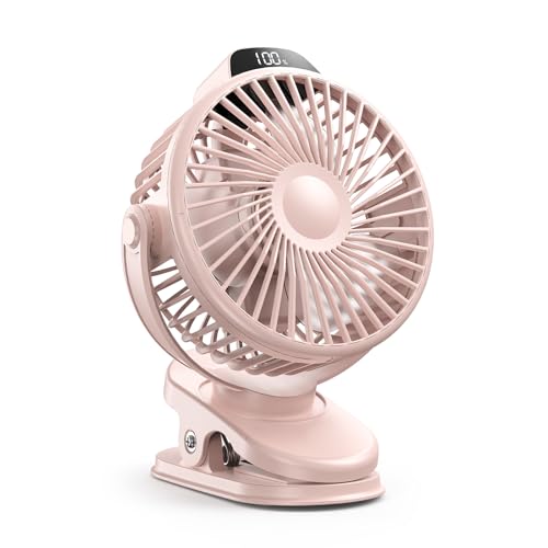 Image of Koonie Portable Clip On Fan, Small USB Battery Operated, 3 Speed Rechargeable Mini Pink With LED Display, 360 Rotate Personal Cooling for Desk Stroller Travel Camping Golf Gym