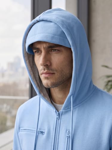 Image of NOBERO Travel Hoodies for Men|Cotton Fleece Solid Hooded Full Sleeve Sweatshirt|15 Utility Features,Tab & Drinks & earphones Holder,Charger & Sunglass Pocket, Microfiber Cloth,In-Built Gloves,Eye Mask