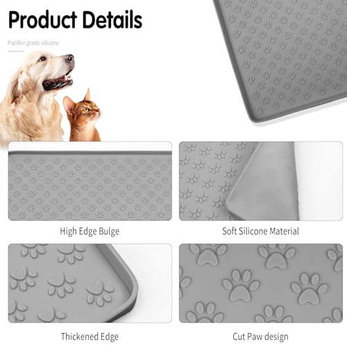 Dog Food Mat, Cat Food Mat, Pet Food Mat, Dog Feeding Mat, 18\" x 12\" Silicone Mat, Dog Bowl Mat, Dog Food Mats for Floors, 0.4 Inch Raised Edges to Prevent Food and Water Messes On Floor Gray - Thumbnail 3