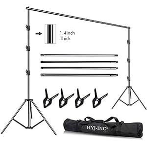 HYJ-INC 10 x 10Ft Photo Video Studio Heavy Duty Adjustable Muslin Backdrop Stand Background Support System Kit for Photography with Carrying Bag，4 Pcs Spring Clamps