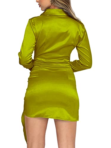 Image of LYANER Women's Stain Deep V Neck Button Down Tie Front Long Sleeve Mini Short Dress