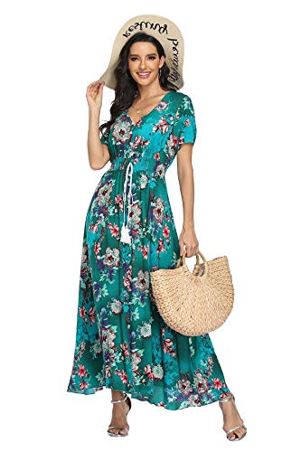 Image of VintageClothing Women's Floral Maxi Dresses Boho Button Up Split Summer Casual Long Dress Beach Party Dress