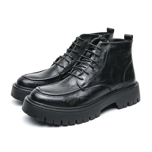 Men's Textured Leather Platform Chunky Low Heel Combat Boots with Side Zipper Vintage Round Toe Lug Sole Non-Slip Lace-Up Motorcycle Boots Work Office Business Casual Oxfords