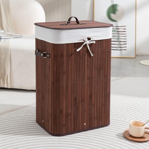 Image of HOKIPO Eco-Friendly Foldable Bamboo Laundry Basket Hamper with Lid, Large - 81 Liter, Coffee Brown (AR1538)
