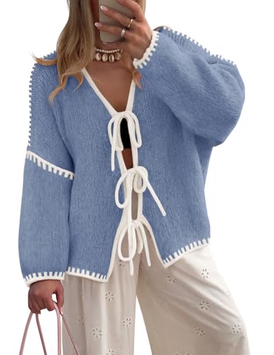ZESICA Women's Tie Front Bow Cardigan Sweaters 2025 Casual Long Sleeve Knit Color Block Fall Winter Clothing Coats,Blue,Medium