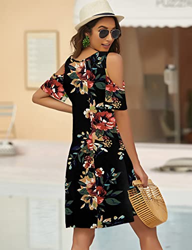 Image of Bluetime Women Cold Shoulder Summer Dress Short Sleeve Beach Casual Loose Swing Dress