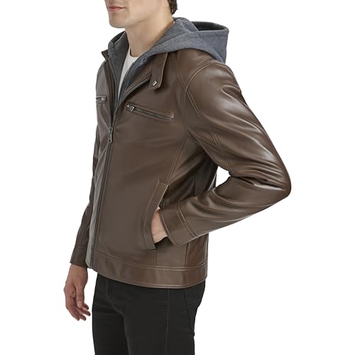 Image of Kenneth Cole Men's Faux Leather Moto With Jersey Attached Hood