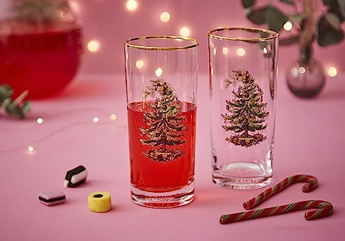 Spode Christmas Tree 15oz Highball Glasses, Set of 4 - Gold-Rimmed Elegant Holiday-Themed Glassware, Festive Holiday Drinkware for Christmas Parties, New Year’s Toasts & Festive Occasions
