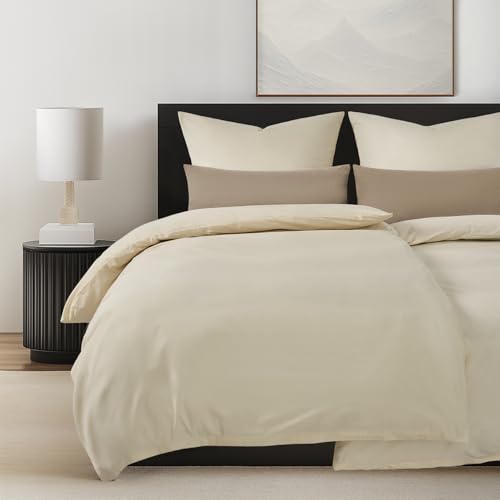 Ropa de cama 135 x 200 algodón, juego de 4 piezas: funda nórdica beige + 2 fundas de almohada de 80 x 80 cm, franela OEKO-TEX, acogedora y cálida