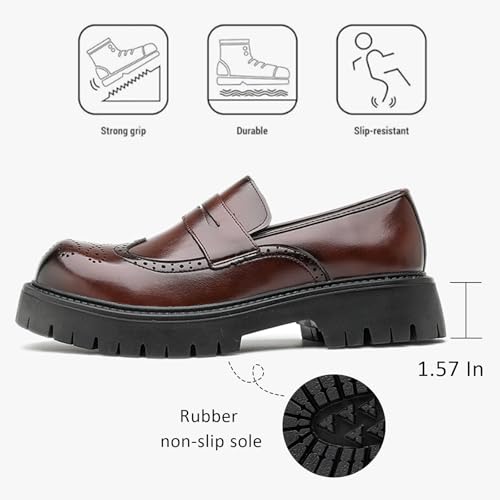 Men's Leather Wingtip Wide Round Toe Platform Loafers Classic Slip On Comfortable Anti-Slip Lug Sole Brogue Penny Loafers for Wedding Business Formal Prom3