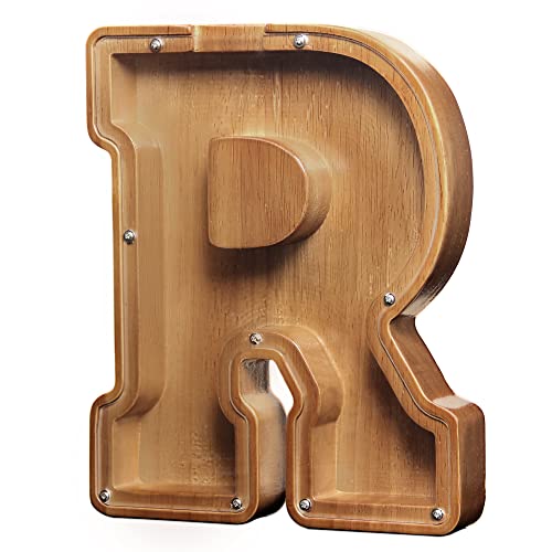 AORCMITN Large Wooden Letter Coin Personalized Piggy Bank for Boys Girls Kids Toddler Adults Money Bank Best Gift for Friends (9.2 Inch-R)