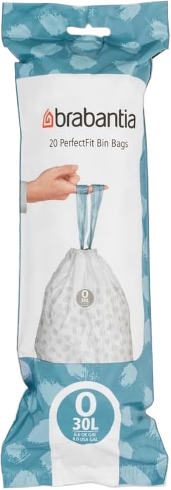 BrabantiaIdealFit Bin Liners (Size O/30 Litre) Ideal Quality Thick Plastic Trash Bags with Tie Tape Drawstring Handles (20 Bags), White