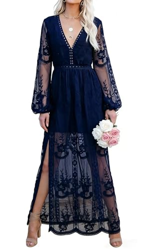 Image of LRISES Womens V Neck Floral Embroidered Lace Wedding Maxi Dress Boho Short Sleeve Slit Bridesmaid Evening Party Dresses