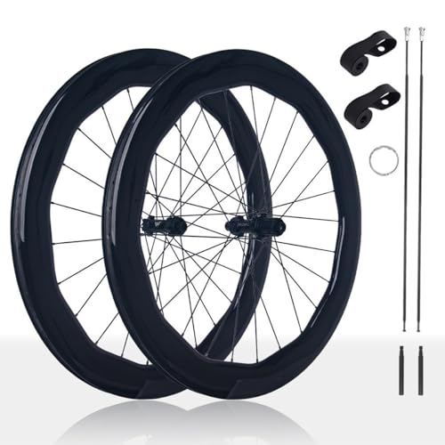 60Tラチェット、700Cカーボンロードバイクホイールセット65?60mmウェーブリム、センターロックディスクブレーキ、スルーアクスルフロントリアホイール、8/9/10/11/12スピードカセット