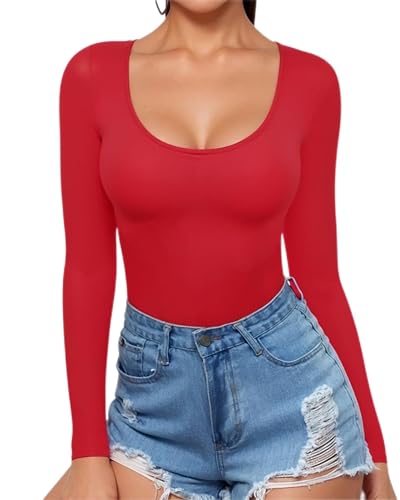 MANGOPOP Womens Scoop Neck Long Sleeve Slim Fit T Shirt Tunic Tops Tee (Long Sleeve Red, Medium)