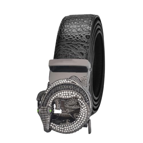 Embossed Leather Ratchet Belt Men with Rhinestone Crocodile Automatic Click Buckle-Customizable Fit, Effortless Style